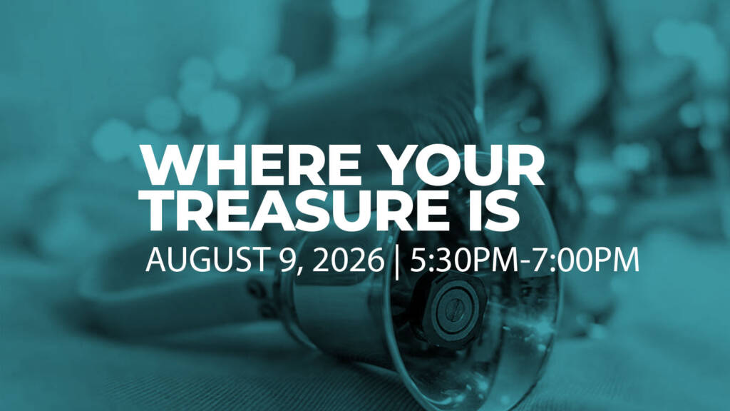 Teal event graphic featuring a treasure chest and date